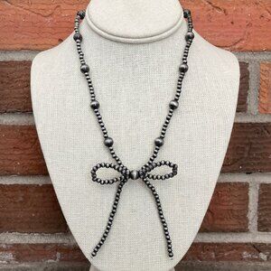 Elegant Bow Pendant Beaded Necklace in Gunmetal